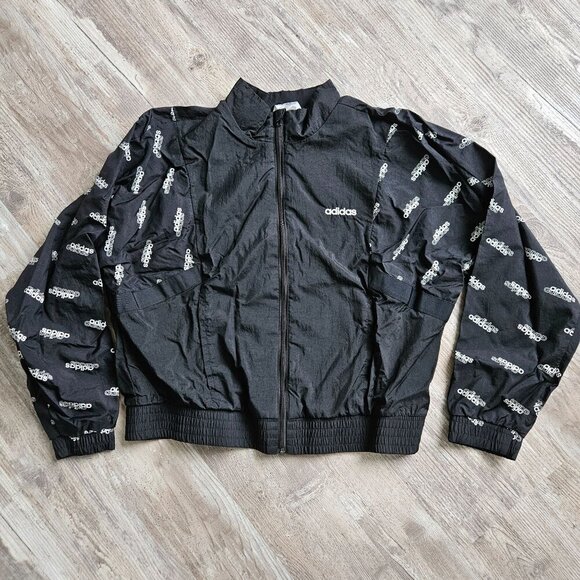 Adidas Womens Black Full-Zip Sport Track Jacket All-Over Logo & Elastic Hem M - Picture 3 of 16